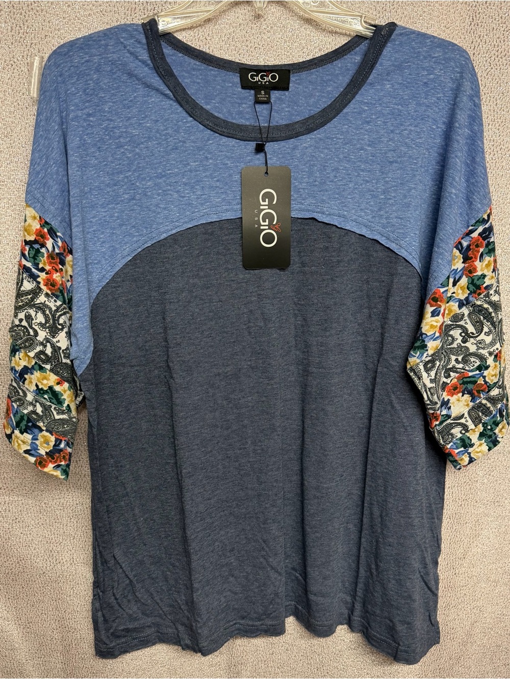 Blue Colorblock Floral Sleeve Women's S Top GIGIO oversized short sleeves